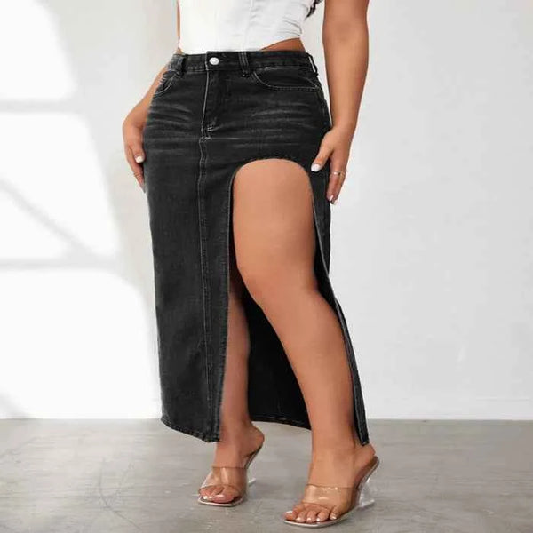 High-rise denim skirt with side slit — primary view