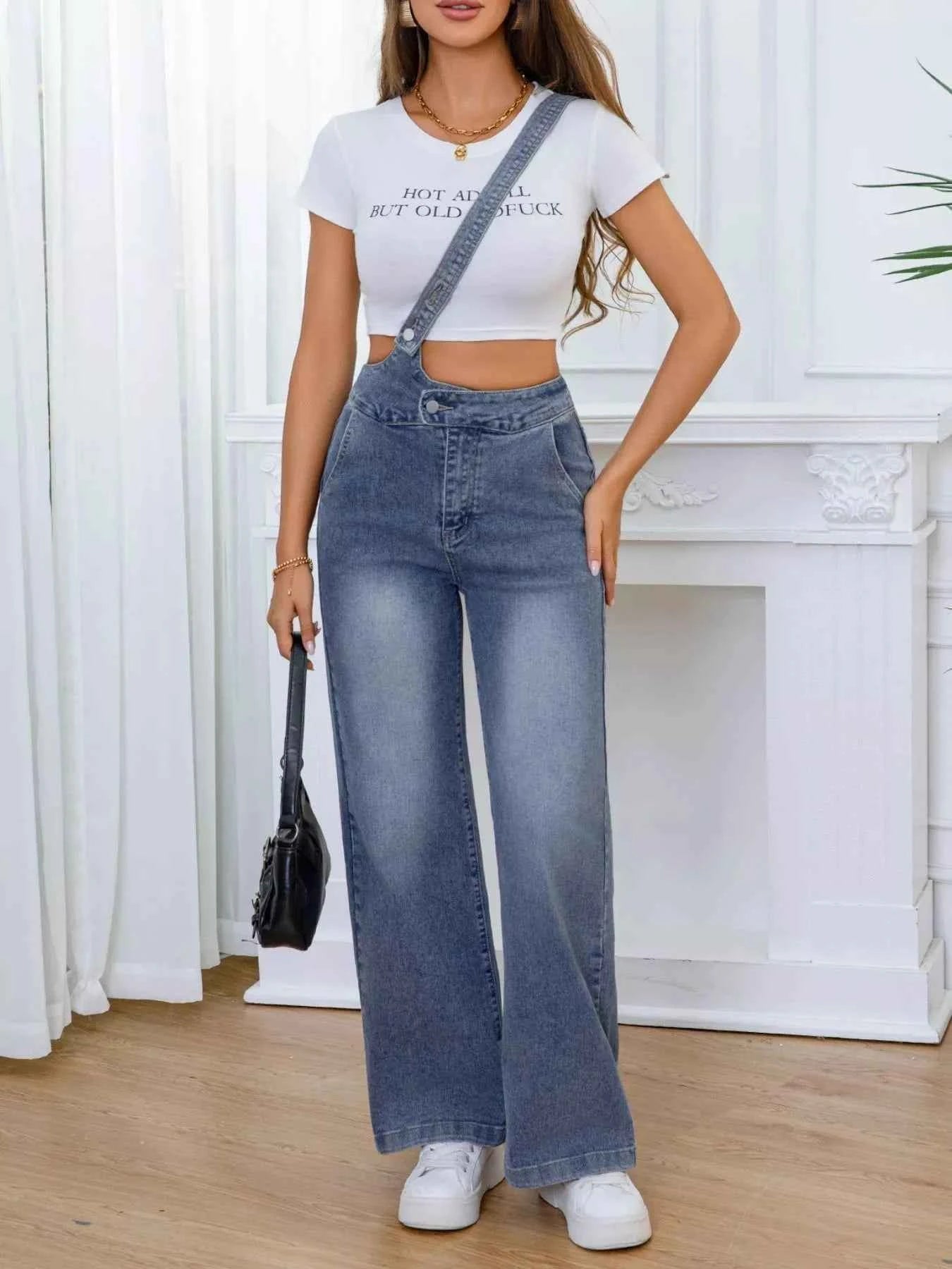 Adjustable wide-leg denim overalls — additional view 5