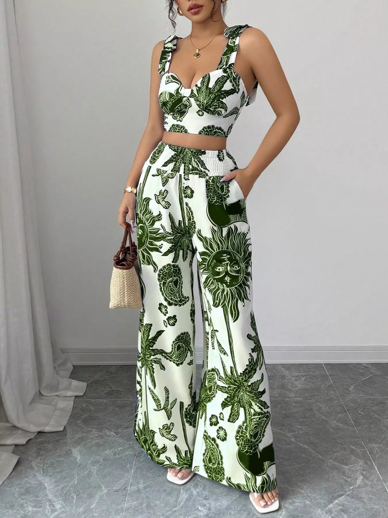 Floral Print Crop Top and Wide Leg Pants Set view 6
