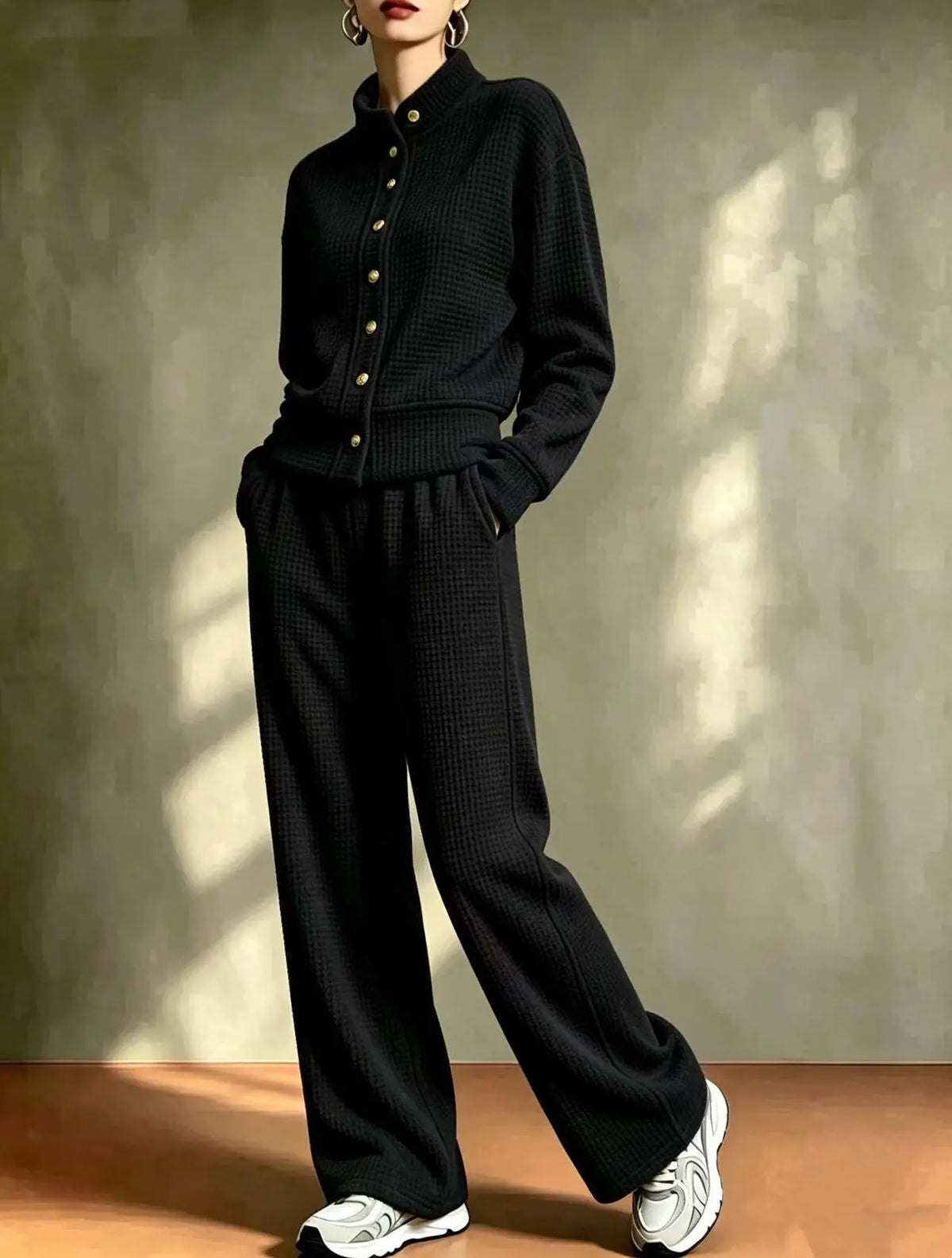 Black women's waffle knit cardigan and pants set