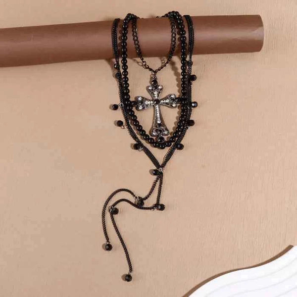 Cross pendant pearl necklace three-piece set — primary view