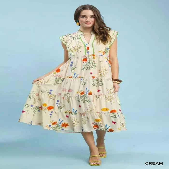 Floral ruffle tiered midi dress with scalloped detail — primary view