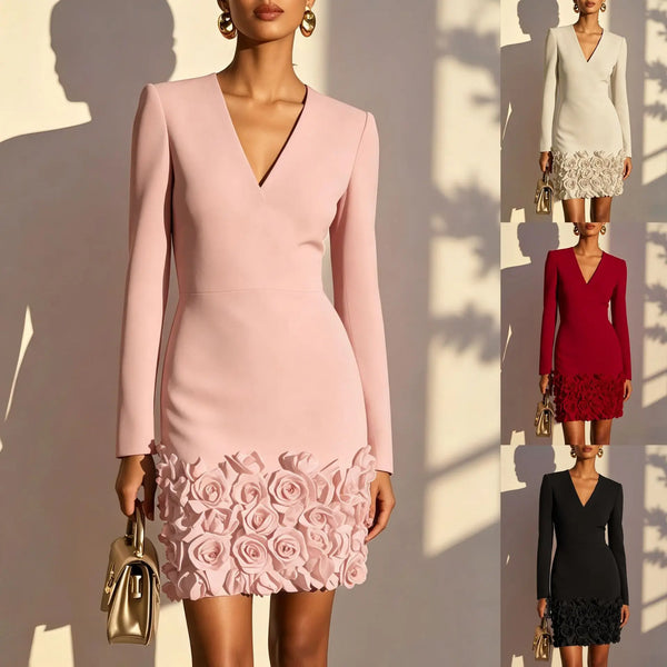 Pink V-neck bodycon party dress with 3D floral detail