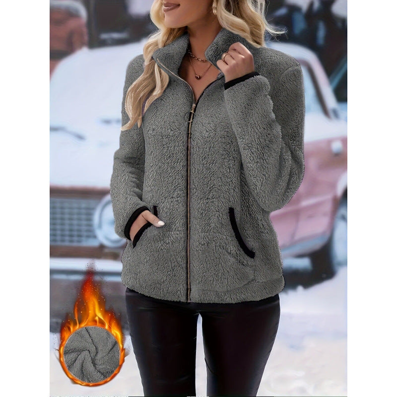Gray unisex double-sided fleece zip-up hoodie for women