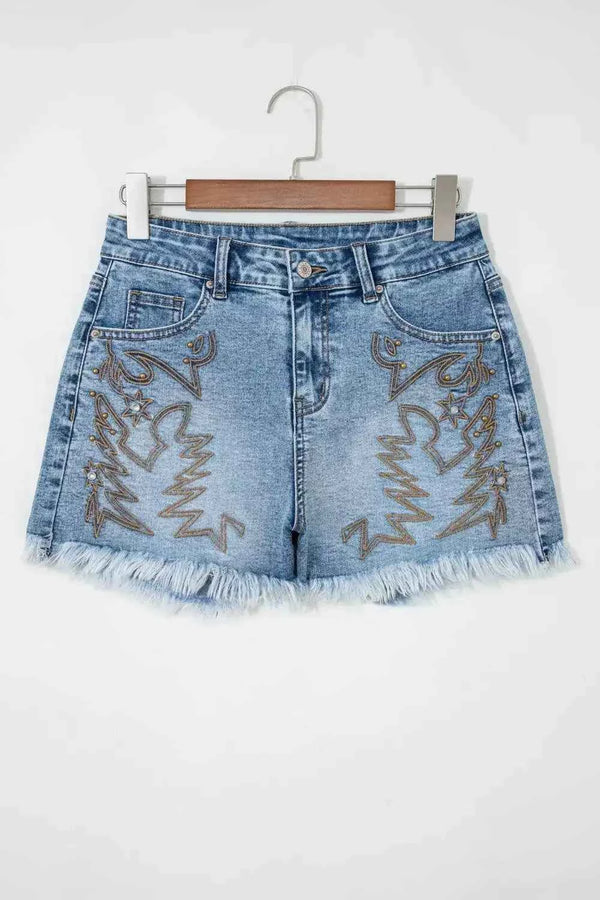 Western embroidered studded denim shorts — additional view 3