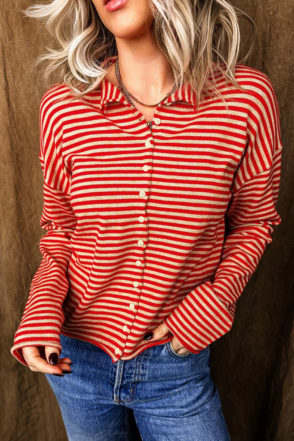 Model wearing the Stripe Striped Button Collar Long Sleeve Knit Cardigan