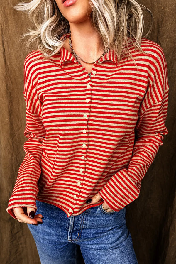 Model wearing the Stripe Striped Button Collar Long Sleeve Knit Cardigan