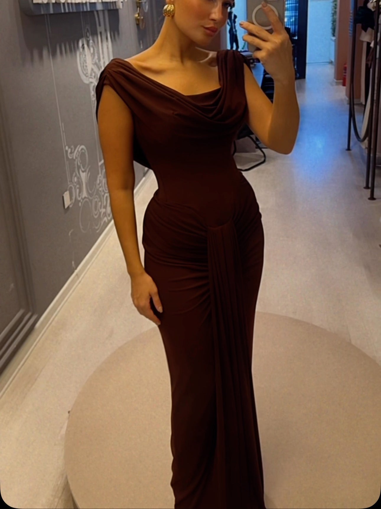 Brown Sleeveless Maxi Dress, angled product view