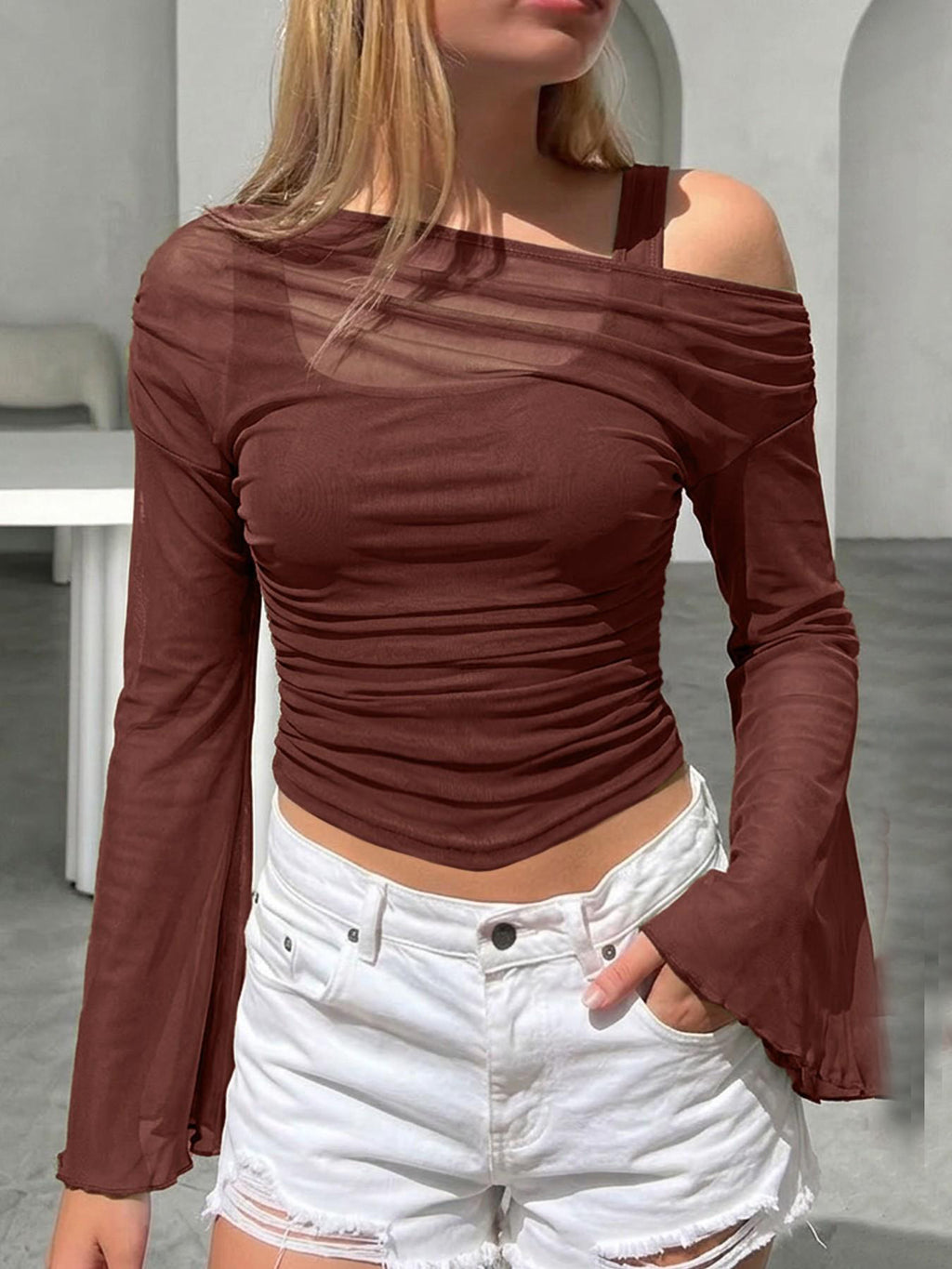 Product detail photo of Mesh Neck Pleated Long Sleeve Top, Blouse, mesh neck pleated long sleeve top, everyday style