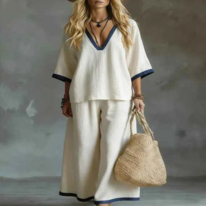 White stylish contrast trim two-piece set for women