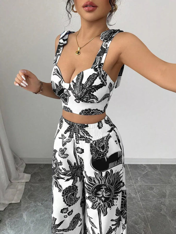 Floral Print Crop Top and Wide Leg Pants Set view 15