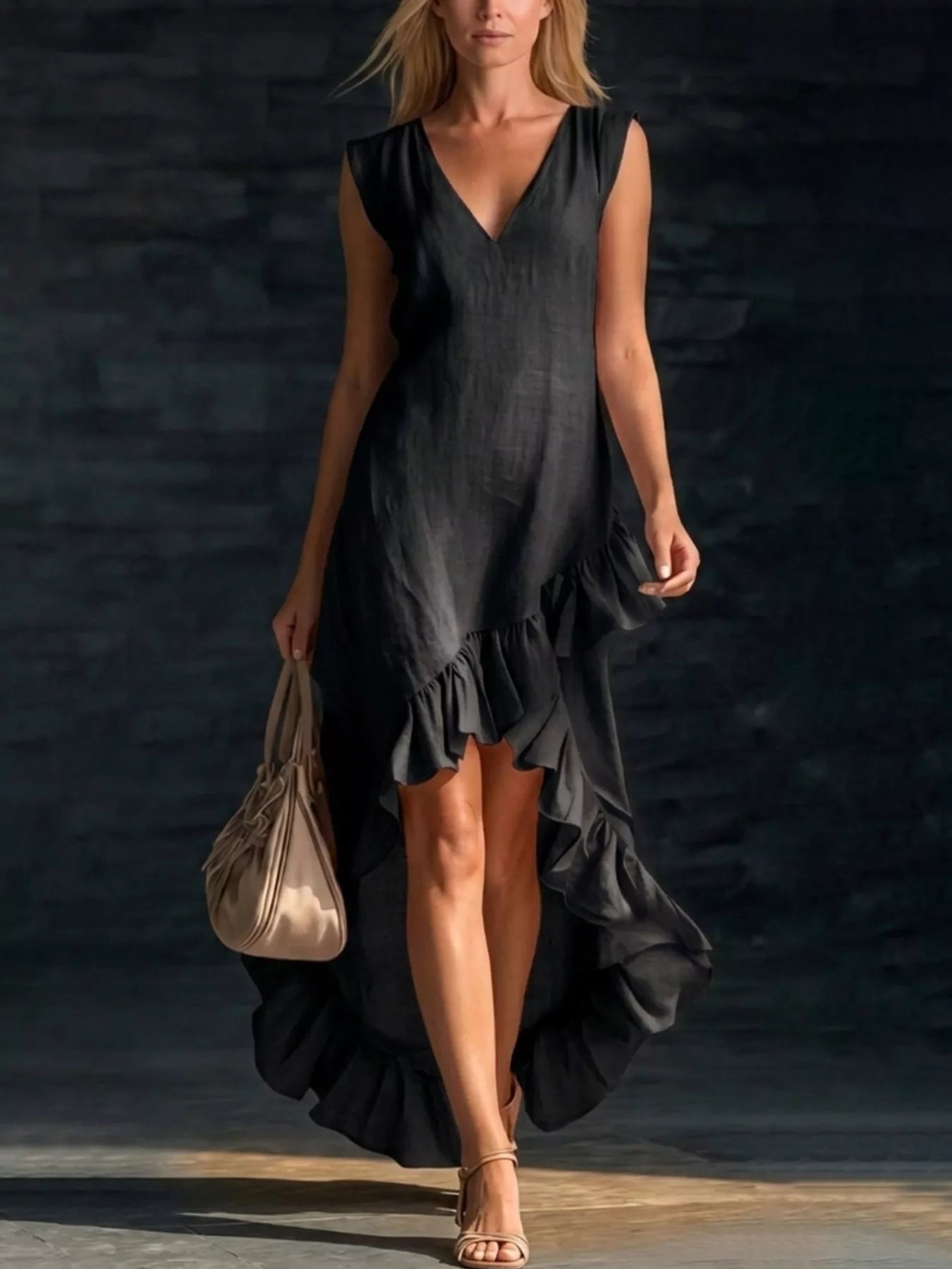 V-Neck Ruffle Hem High-Low Dress Plus Size, alternate product view
