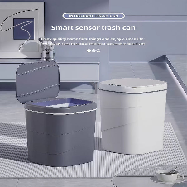 Two trash cans, one gray and one white, with a smart sensor feature on a modern kitchen floor.