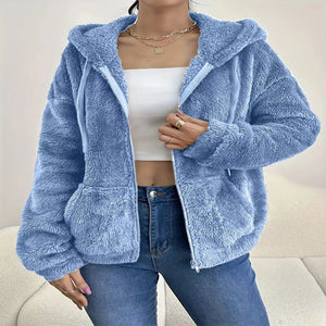 Sky Blue drawstring fleece zip-up outerwear for women