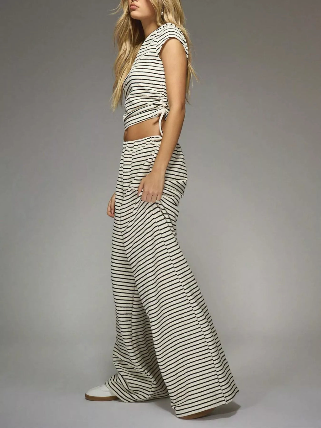 Striped Crop Top and Wide Leg Pants Set view 3