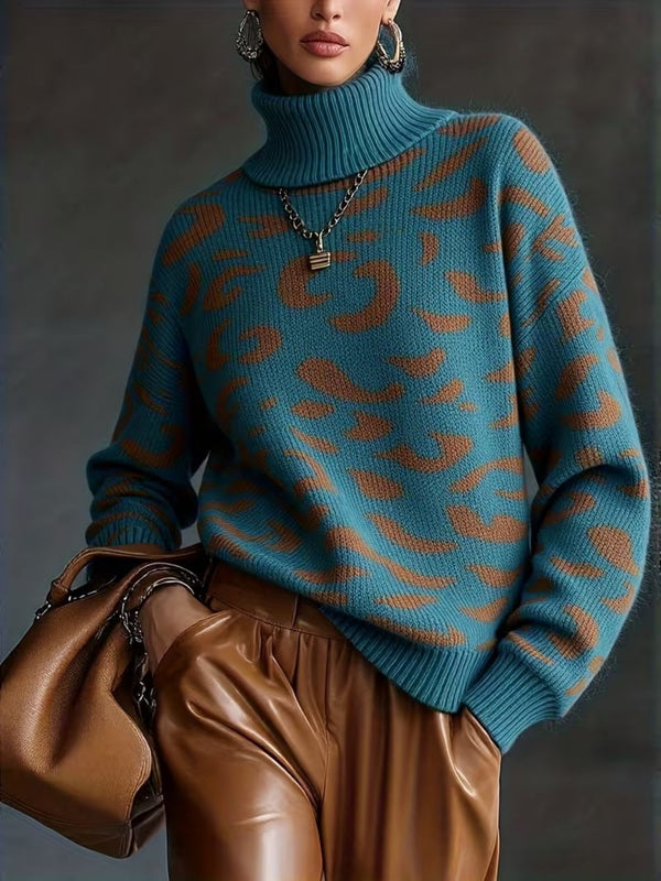 Women's Leopard Print Turtleneck Sweater-Splashis, alternate view 2