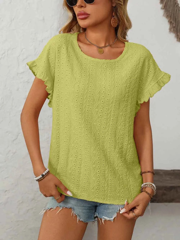 Feminine Eyelet Short Sleeve Top-T-shirt-Splashis-Color:Yellow-Green-Size:2XL-Splashis