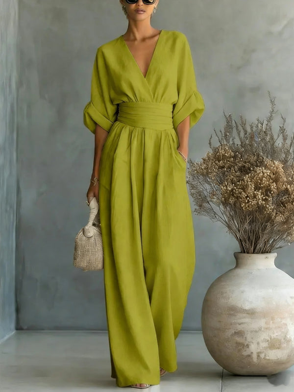 Short-sleeve V-neck wide-leg jumpsuit product image