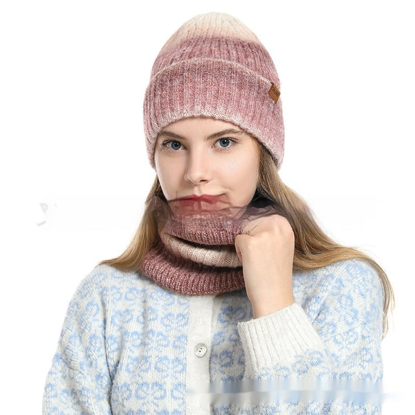 Khaki gradient knit hat and scarf set for women