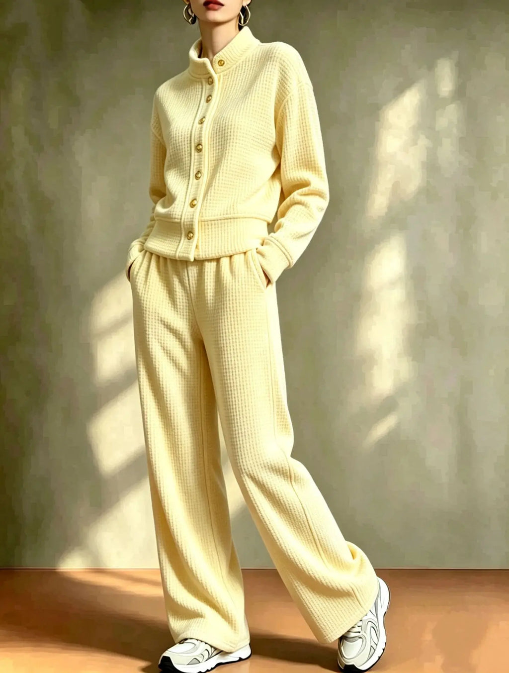 Yellow women's waffle knit cardigan and pants set