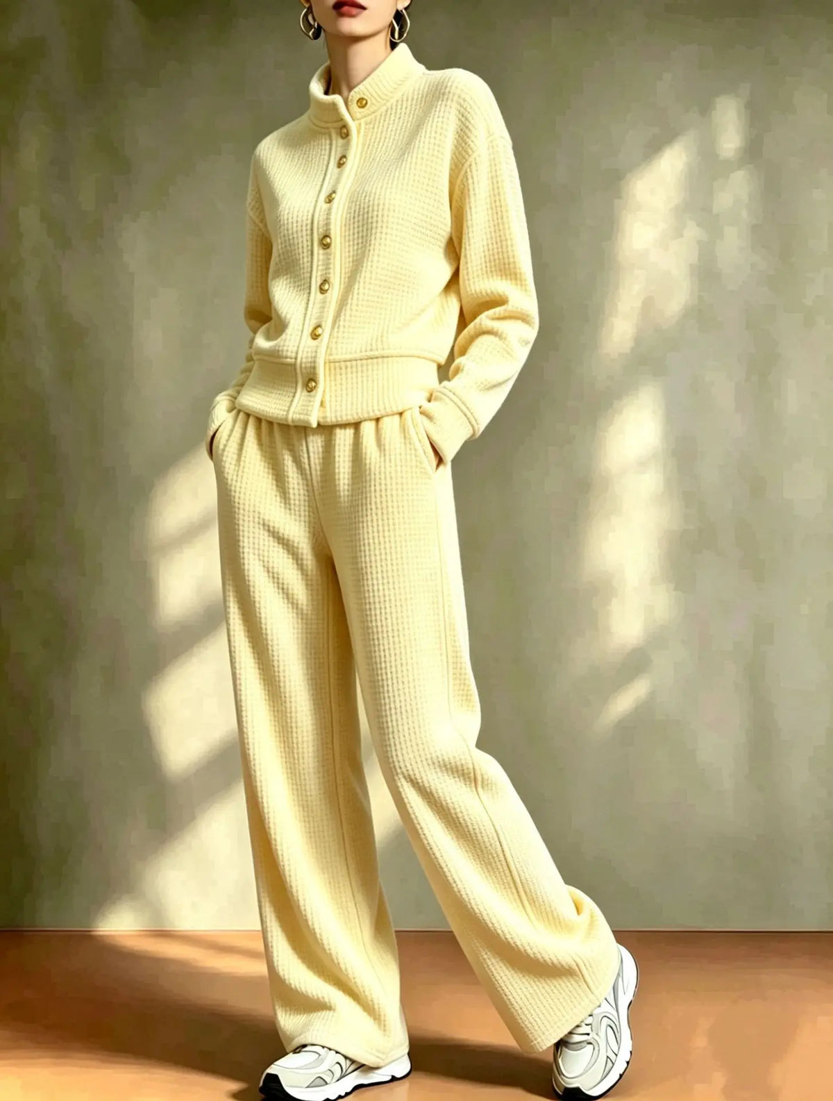 Yellow women's waffle knit cardigan and pants set
