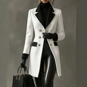 White women's mid-length coat with fitted waist