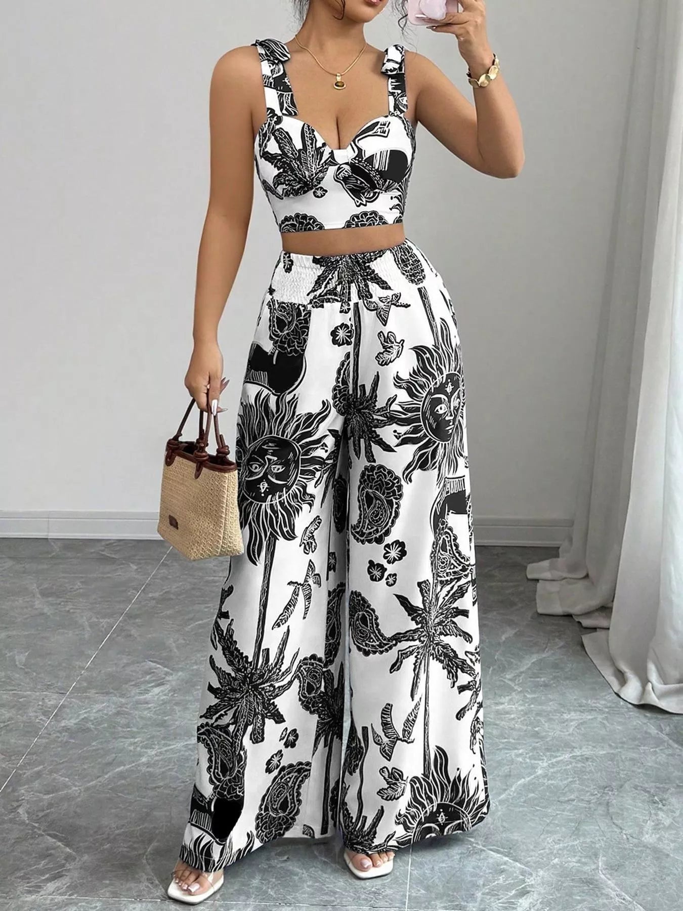 Floral Print Crop Top and Wide Leg Pants Set view 12