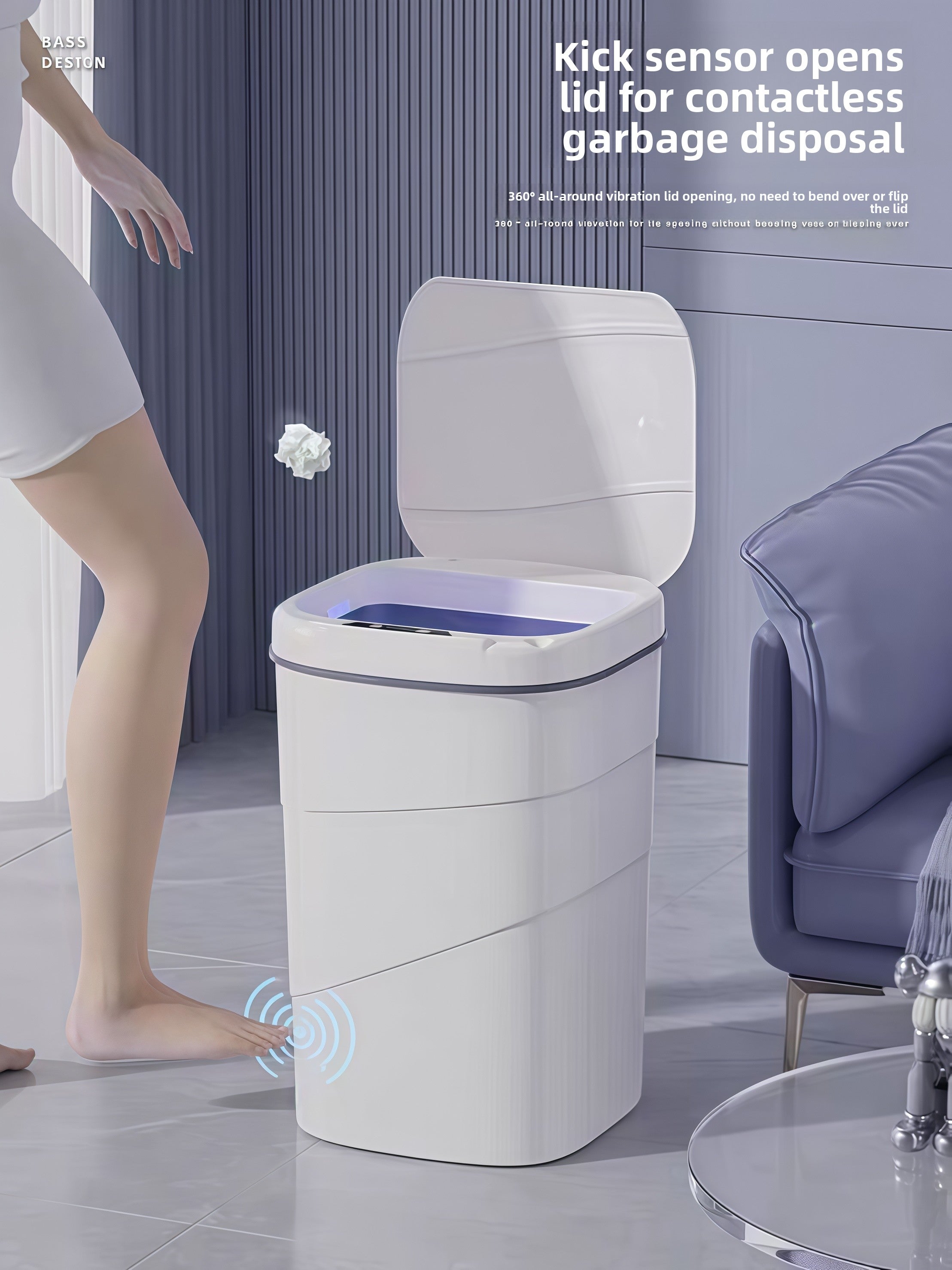 Smart sensor trash can shown in kitchen setting