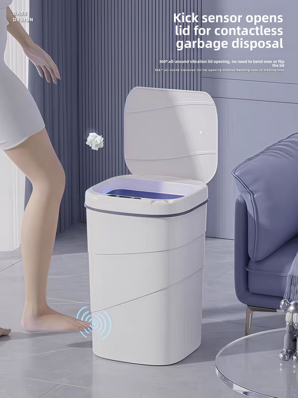 Smart sensor trash can shown in kitchen setting