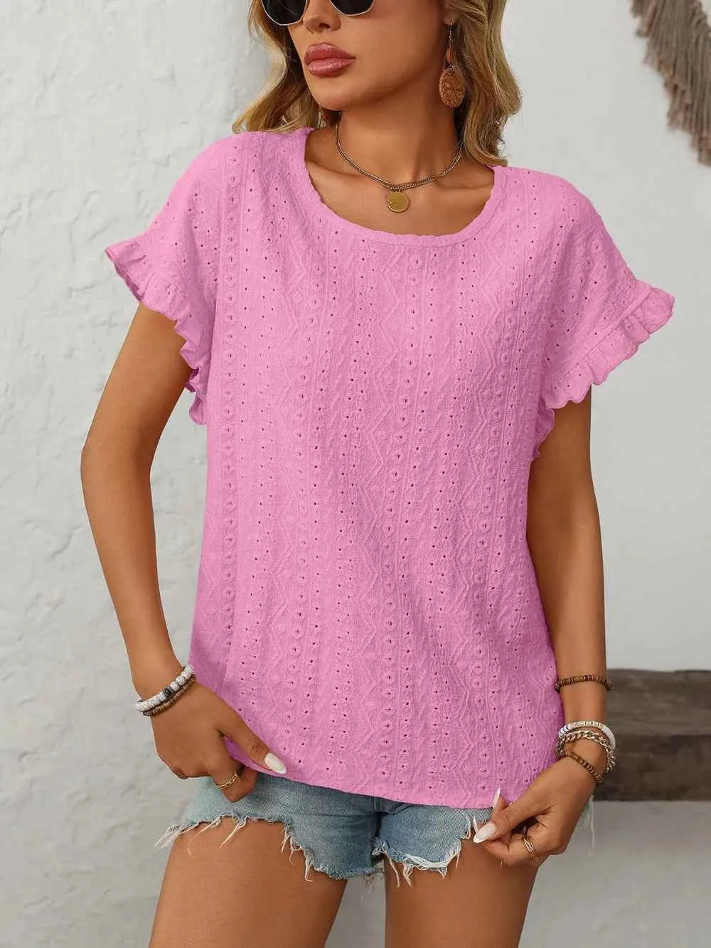Feminine Eyelet Short Sleeve Top-T-shirt-Splashis-Splashis