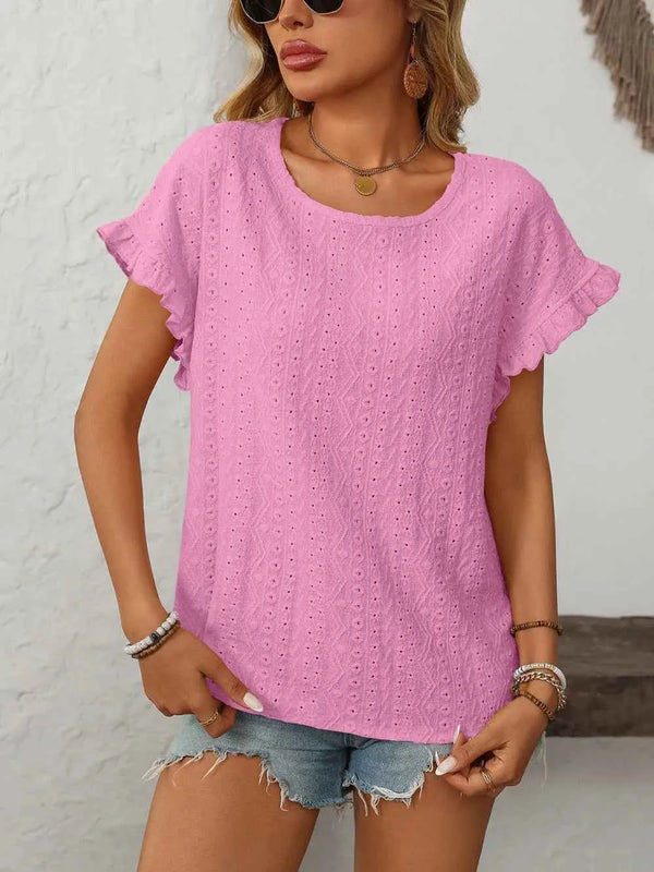 Feminine Eyelet Short Sleeve Top-T-shirt-Splashis-Splashis