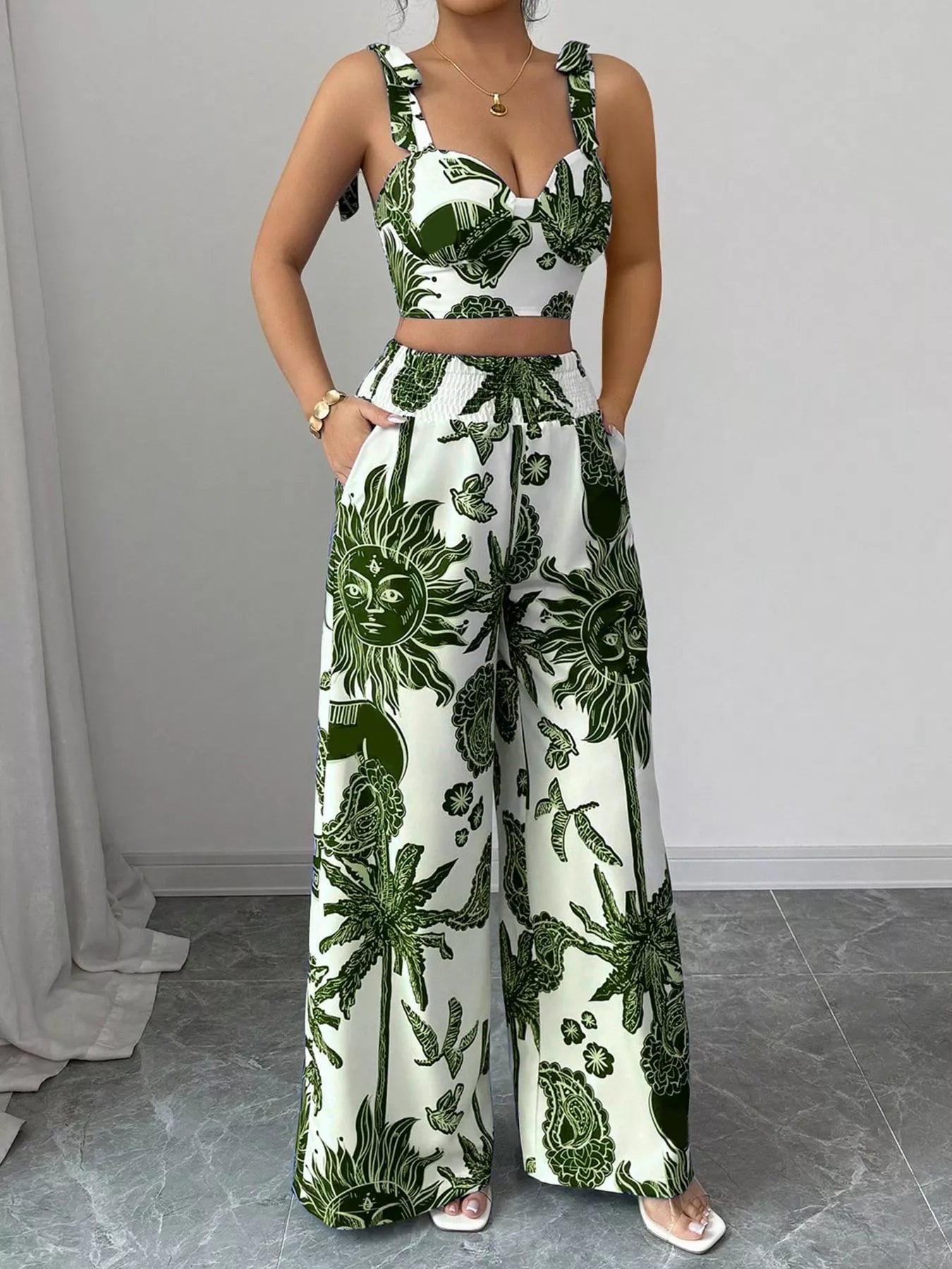 Floral Print Crop Top and Wide Leg Pants Set view 9