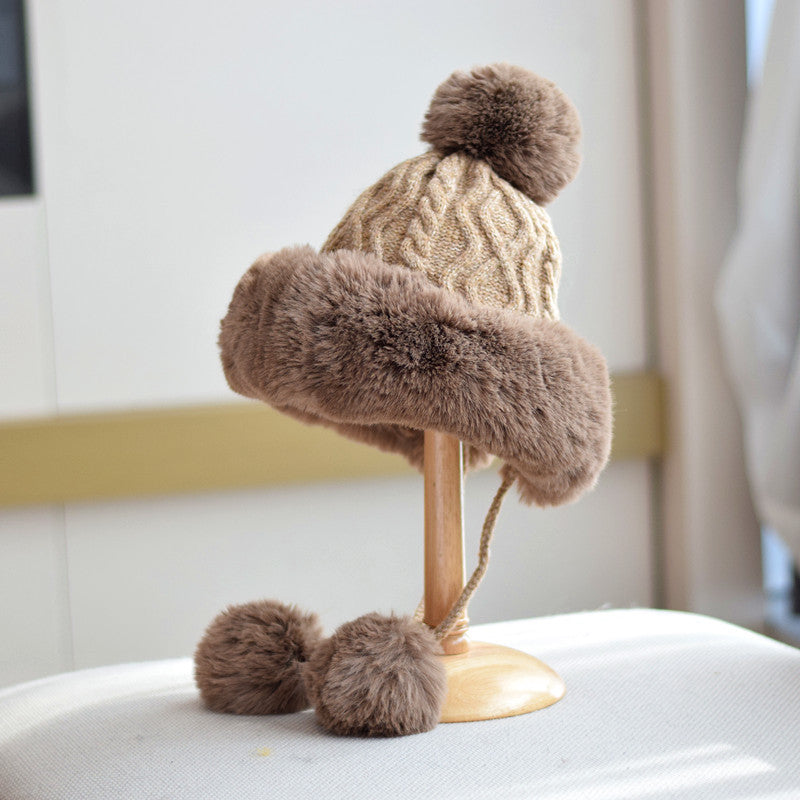 Khaki pom-pom lace-up winter hat for women