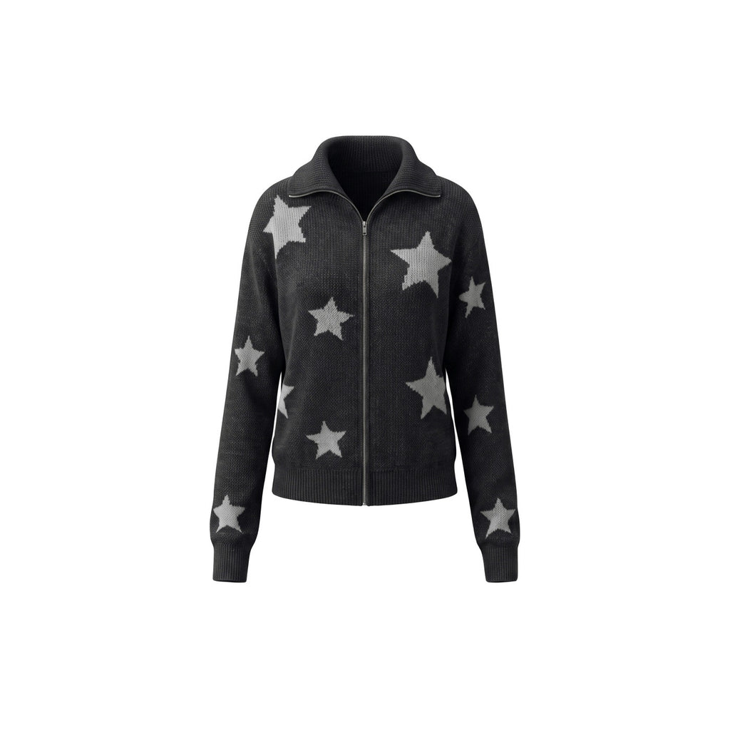 Black star pattern knit zip cardigan for women