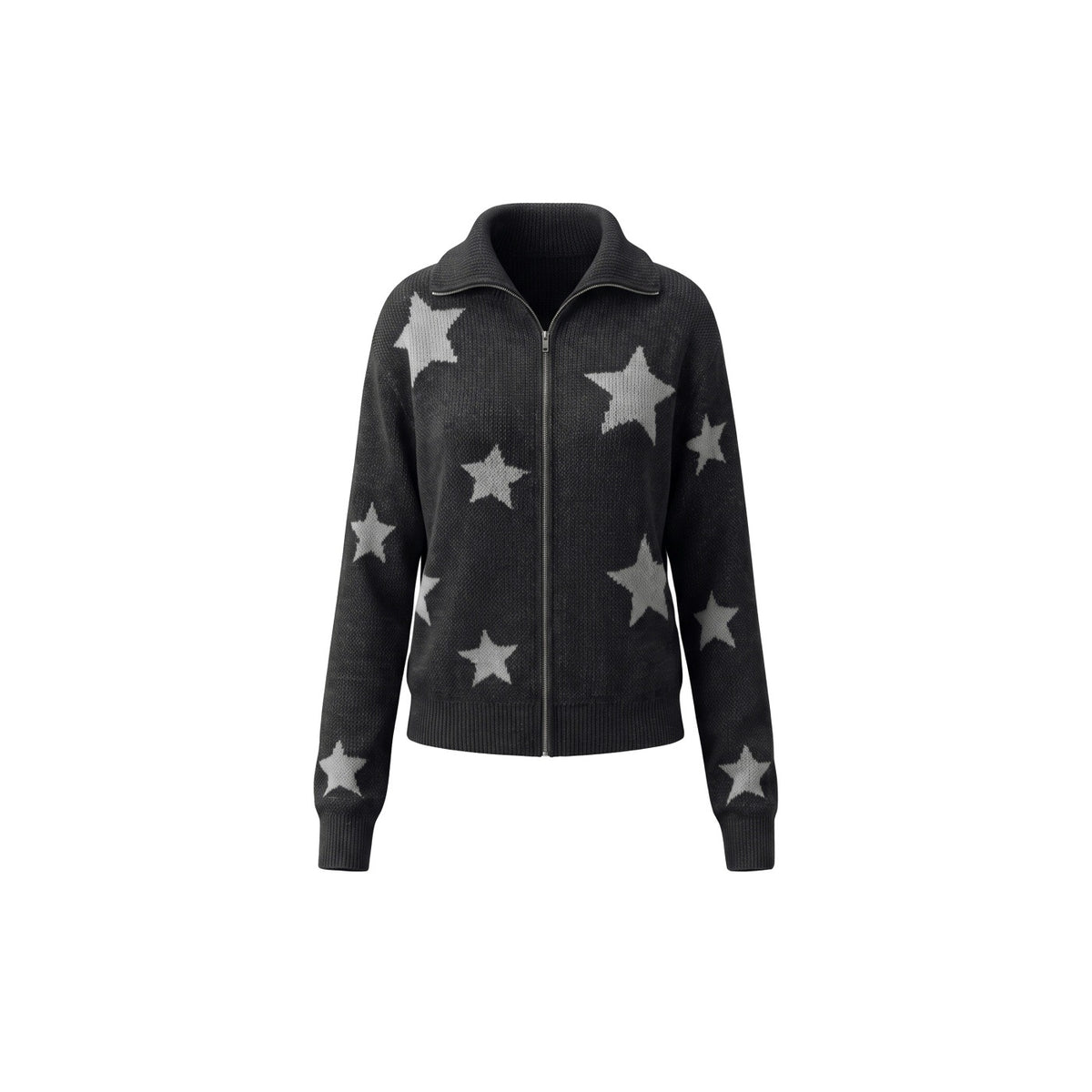 Black star pattern knit zip cardigan for women