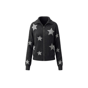 Black star pattern knit zip cardigan for women