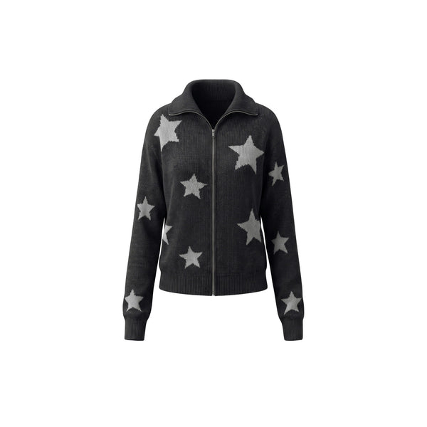 Black star pattern knit zip cardigan for women