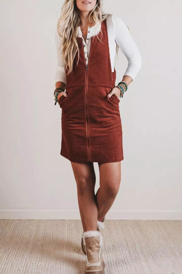 Ribbed Corduroy Zip-Up Sleeveless Pocket Sheath Dress view 3