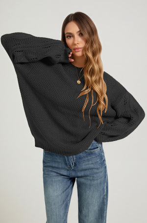 Black solid color pullover sweater for women