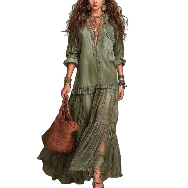 Product detail photo of Faux Denim Lapel Maxi Dress, faux denim lapel maxi dress, everyday style