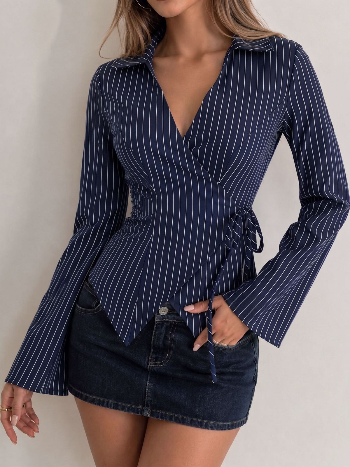 Women's Tie-Dye Stripe Shirt - Bell Sleeve Tie Waist Blouse product image