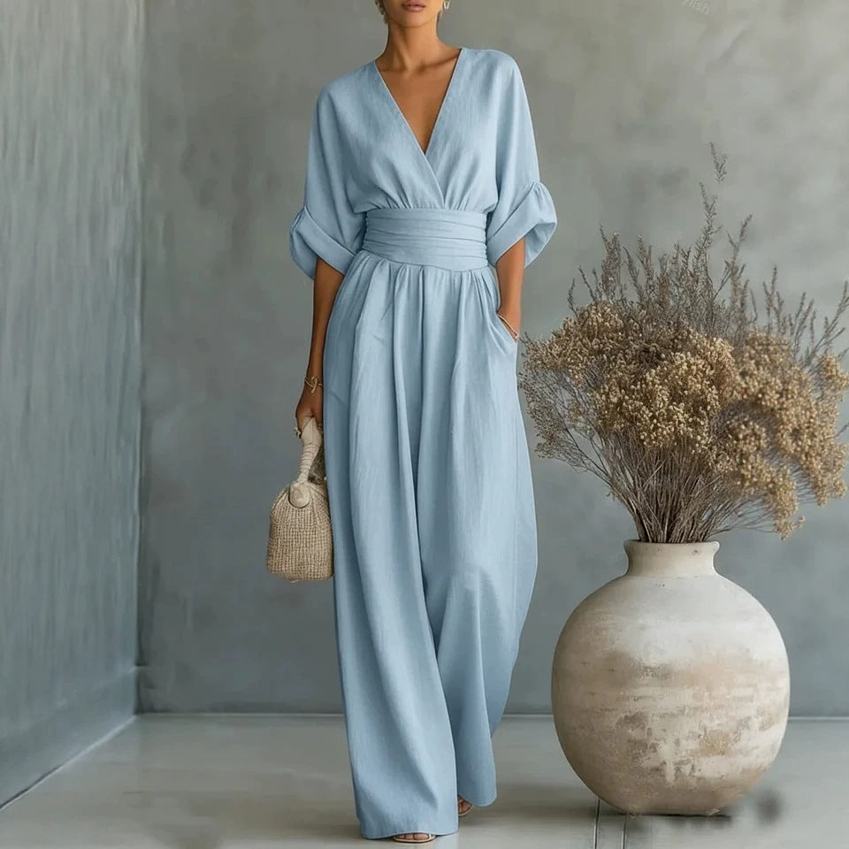 Short-sleeve V-neck wide-leg jumpsuit product image
