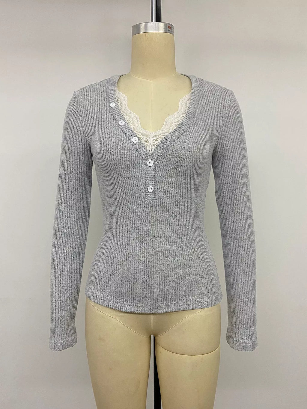 Ribbed lace-trim henley t-shirt — additional view 10