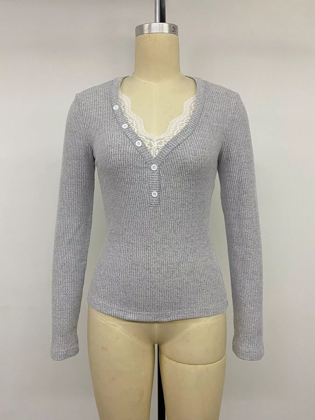 Ribbed Lace Trim Henley T-Shirt, product view 10