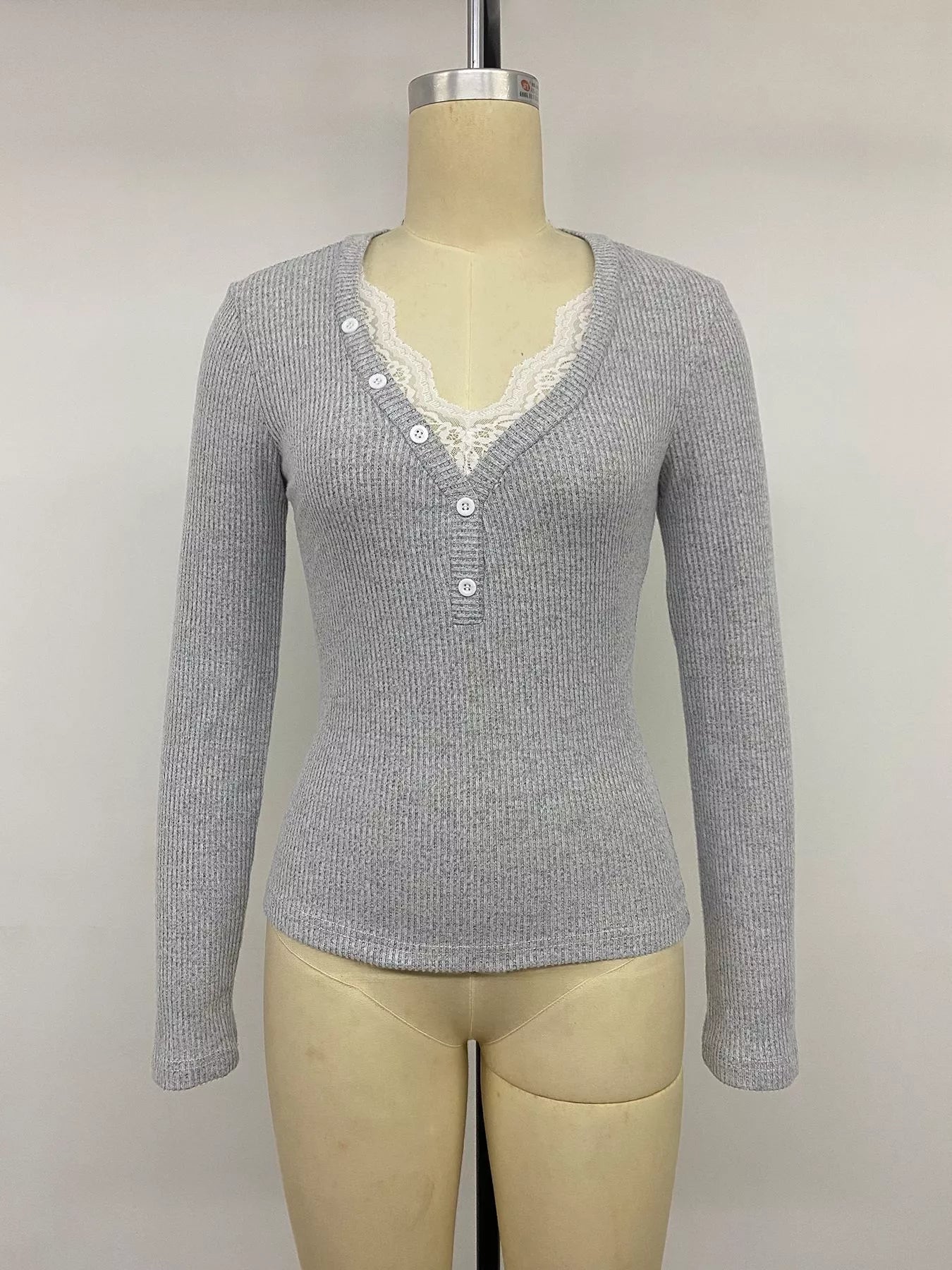 Ribbed lace-trim henley t-shirt — additional view 10