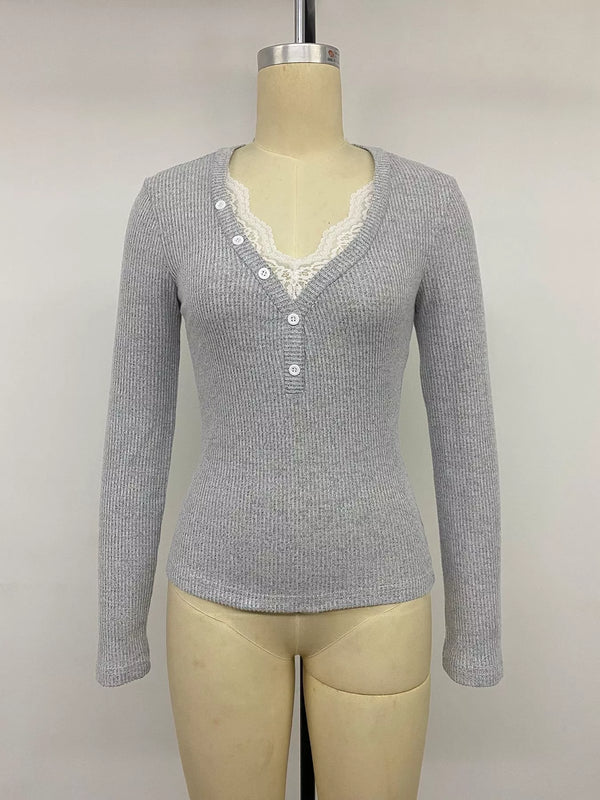 Ribbed lace-trim henley t-shirt — additional view 10