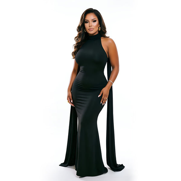 Halter-Neck Fishtail Evening Gown with Cape