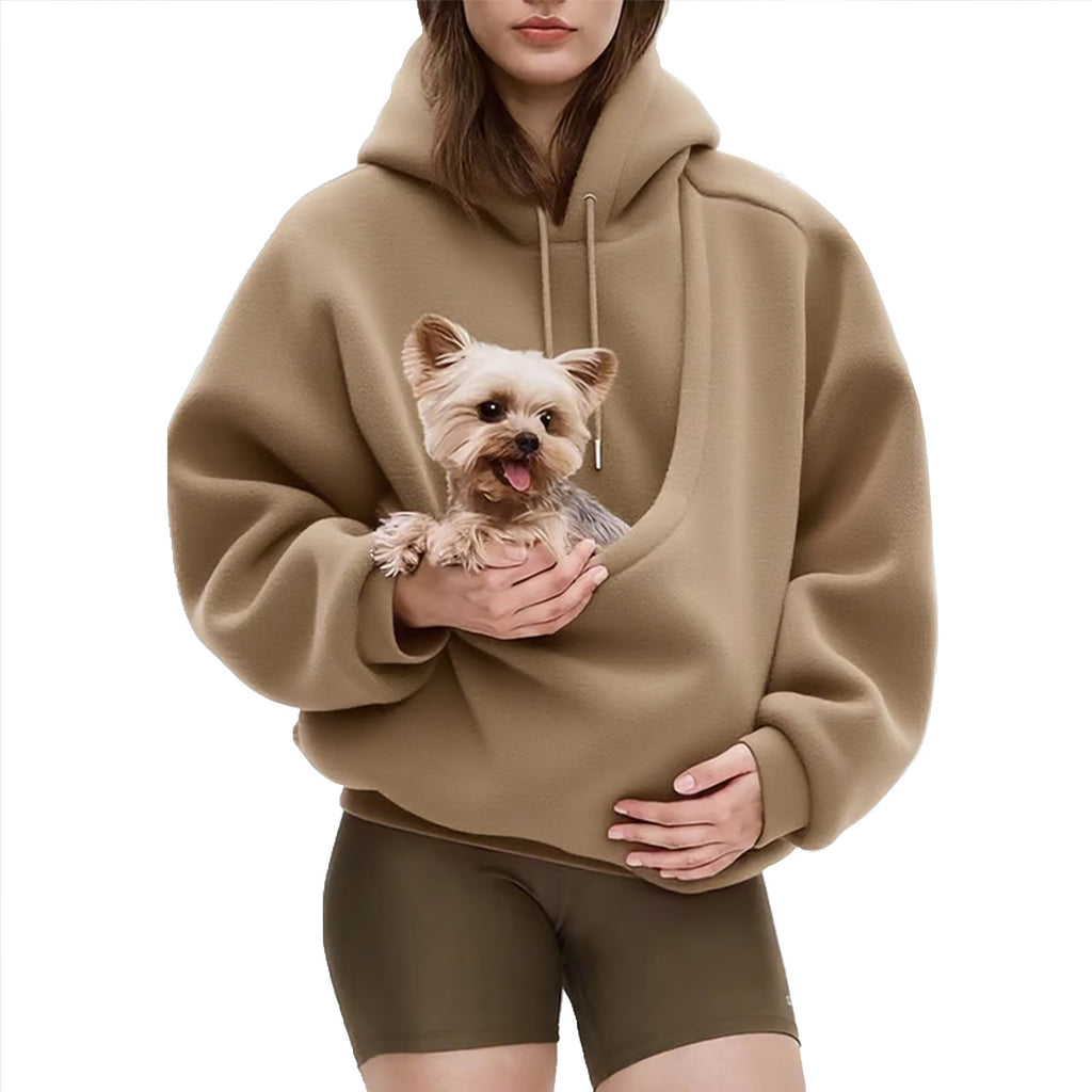 Khaki unisex hoodie with large front pouch pocket for women