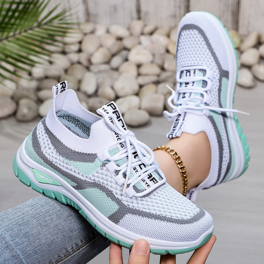 Green mesh lace-up lightweight sneakers for women