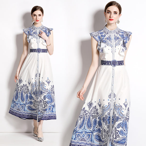 Women's Printed Belted Maxi Dress, front product view